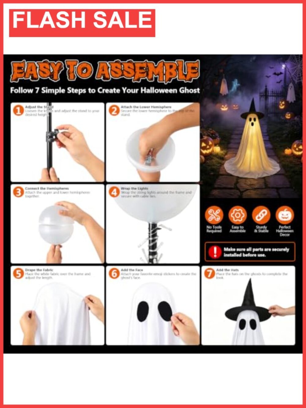 5FT Lighted Ghost Halloween Decorations 2 Pack Remote LED Outdoor Yard - Picture 5 of 6